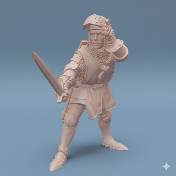 ez-250604 Knight on foot on the defensive and raising his visor - 14th century