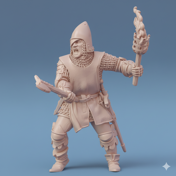 ez-250706 One-eyed man-at-arm chopping with an ax & torch - 14th century